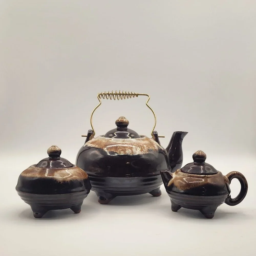 Vintage Redware Drip Glaze Teapot Creamer Sugar Set Wire Handle Ceramic Japan